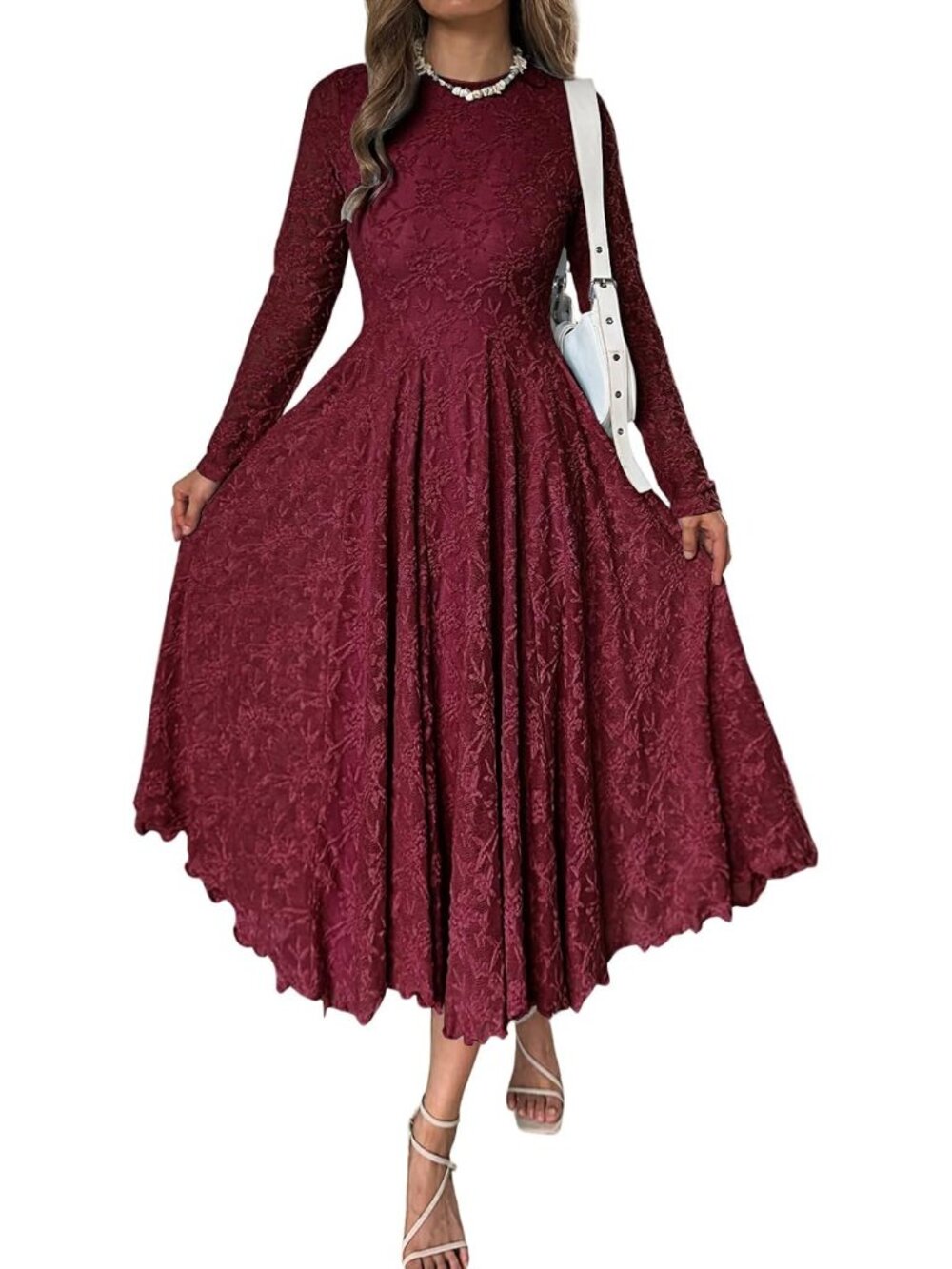 Women's Wine Red Long Sleeve Round Neck Fall Wedding Guest Floral Maxi Dresses